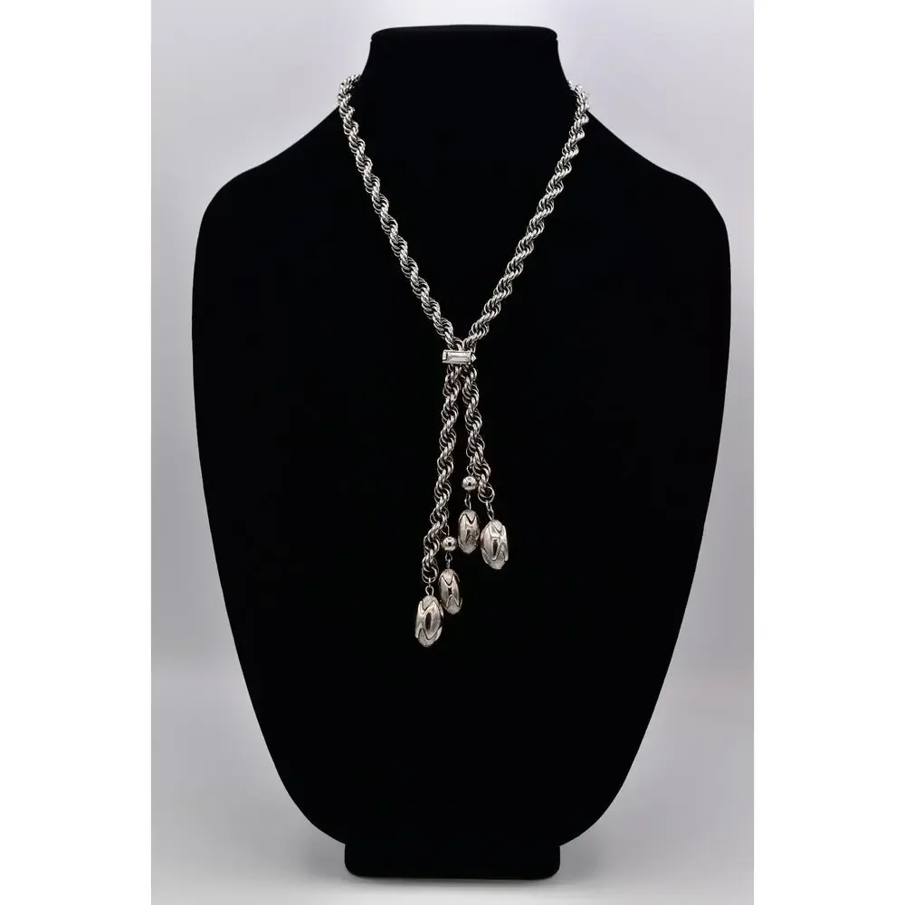 Vintage Chunky Statement Lariat Necklace Collar Charm Dangle Silver 1960s BinBE